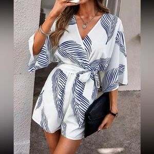 Chic White and Blue Patterned Jumpsuit